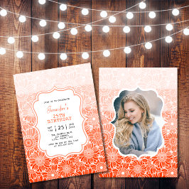 Trendy Orange Stripes floral Foto Geburtstag Einladung