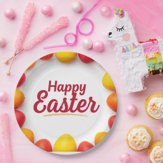 Trendy Orange & Yellow Easter Eggs Pattern Paper Pappteller (Party)