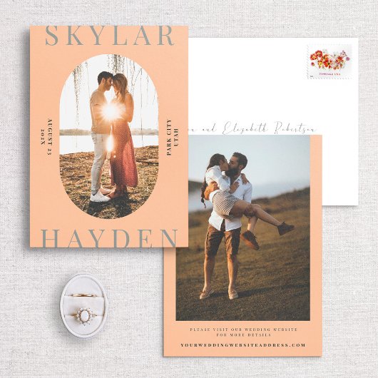 Trendy Oval Foto Moderne Save the Date Card Einladung
