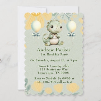 Trendy Painted Green Dinosaurier 1. Geburtstag Par Einladung