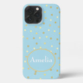 Trendy Pastel Blue Gold Confetti Dots Personalisie iPhone Hülle (Rückseite)