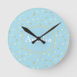 Trendy Pastel Blue Gold Confetti Dots Runde Wanduhr