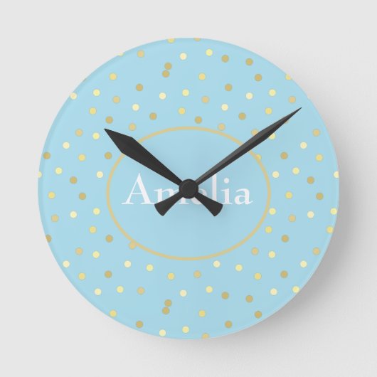 Trendy Pastel Blue Gold Confetti Dots  Runde Wanduhr (Vorderseite)