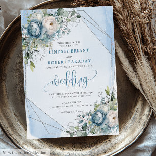 Trendy Pastel Blue White Silver Blume Hochzeit Einladung