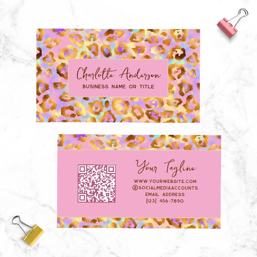 Trendy Pastel Modern Gold Leopard Print QR Code Visitenkarte