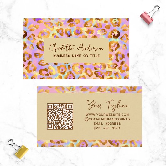 Trendy Pastel Modern Gold Leopard Print QR Code Visitenkarte