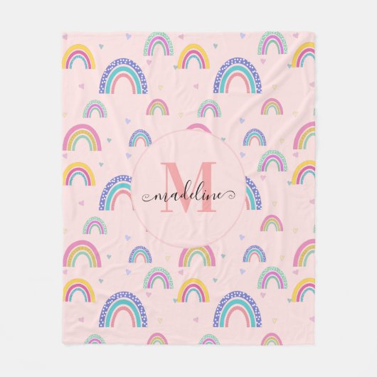 Trendy Pastel Rainbow Heart Elegantes Monogramm Fleecedecke (Vorderseite)
