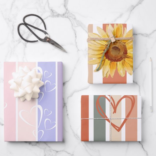 Trendy pastellfarbene Streifen Geschenkpapier Set (Vorderseite)