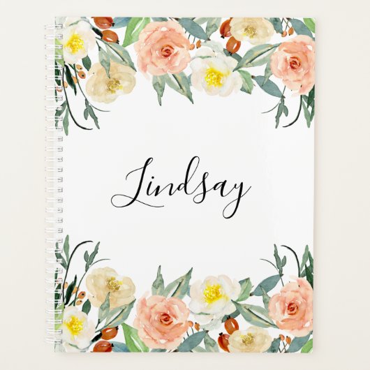 Trendy Peach Floral Mit Monogramm Planer (Vorderseite)