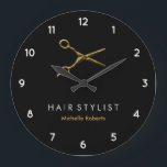 Trendy Personalisiert Modern Black Gold Haairstyli Große Wanduhr<br><div class="desc">TrendPersonalisiert Moderne,  schwarze Goldhaarstylistin Große Uhr</div>