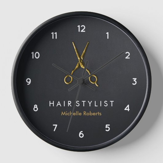 Trendy Personalisiert Modern Black Gold Haairstyli Uhr (Vorderseite)