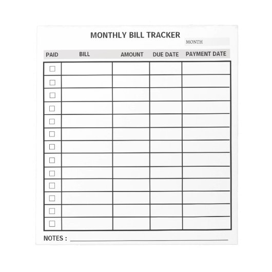 Trendy Personalisiert Monthly Bill Tracker Notizblock (Vorderseite)