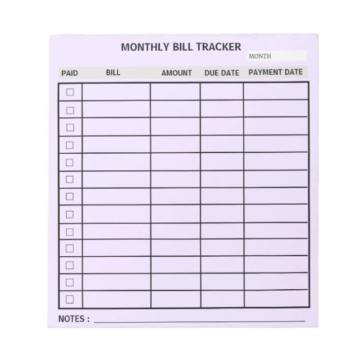 Trendy Personalisiert Monthly Bill Tracker Notizblock (Vorderseite)