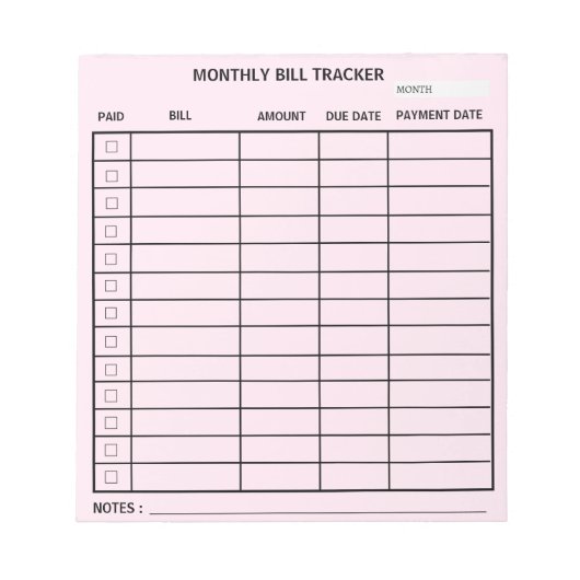 Trendy Personalisiert Monthly Bill Tracker Notizblock (Vorderseite)