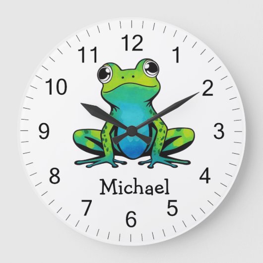 Trendy Personalisierter Niedlich Happy Green Frog Große Wanduhr (Vorderseite)