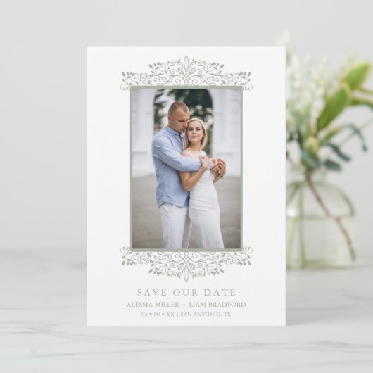 Trendy Photo Chic Ornament Sophisticated Wedding Save The Date (Stehend Vorderseite)