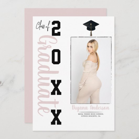 Trendy Pink Black Abschluss Foto Ankündigung (Vorne/Hinten)