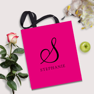Trendy Pink Black Monogram Initial Script Name Tasche