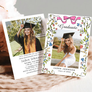 Trendy Pink Bow Coquette 2 FOTO Graduation Party Einladung