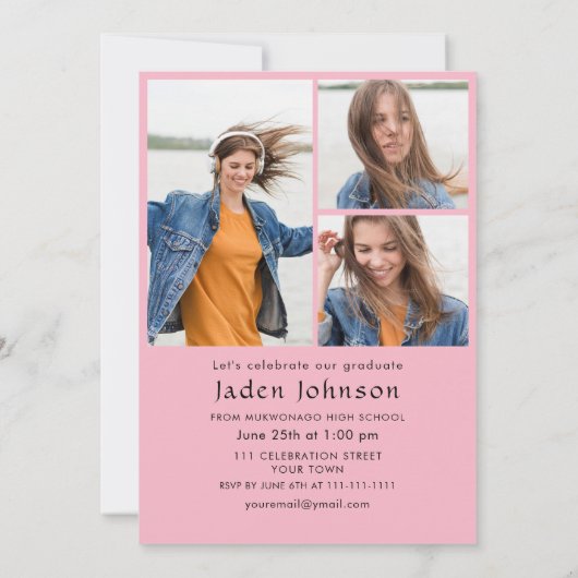 Trendy Pink Bow Coquette 4 FOTO Graduation Party Einladung (Rückseite)