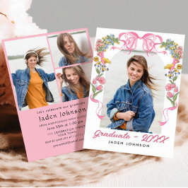 Trendy Pink Bow Coquette 4 FOTO Graduation Party Einladung