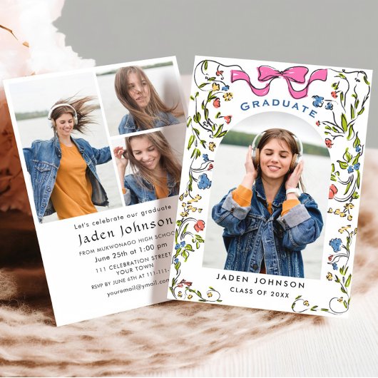 Trendy Pink Bow Coquette 4 FOTO Graduation Party Einladung
