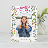 Trendy Pink Bow Coquette 4 FOTO Graduation Party Einladung (Stehend Vorderseite)