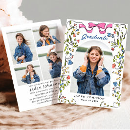 Trendy Pink Bow Ribbon 2 FOTO Graduation Party Einladung