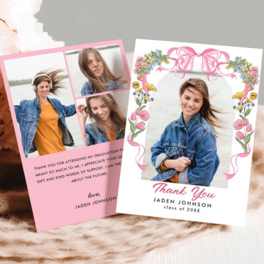 Trendy Pink Bow Ribbon 4 FOTO Graduation Party Dankeskarte