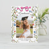 Trendy Pink Bow Ribbon 5 FOTO Graduation Party Einladung (Stehend Vorderseite)