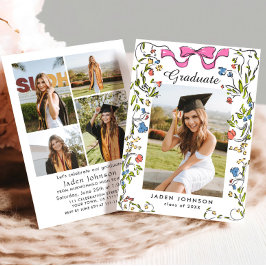 Trendy Pink Bow Ribbon 5 FOTO Graduation Party Einladung