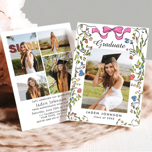 Trendy Pink Bow Ribbon 5 FOTO Graduation Party Einladung