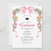 Trendy Pink Bow Ribbon FOTO Graduation Party Einladung (Vorderseite)