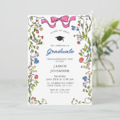 Trendy Pink Bow Ribbon FOTO Graduation Party Einladung (Stehend Vorderseite)