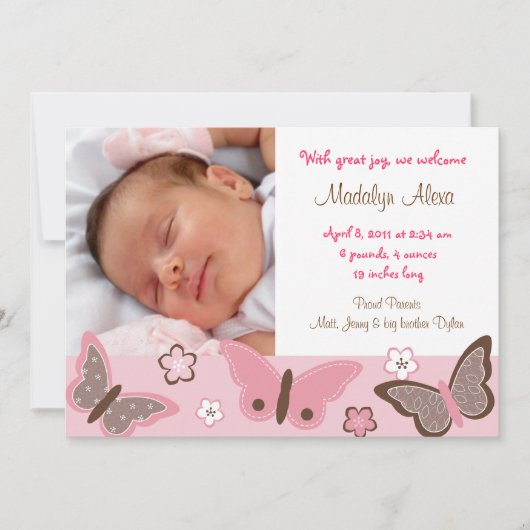 Trendy Pink Butterfly Foto Geburtshinweise Ankündigung (Vorderseite)