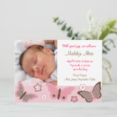 Trendy Pink Butterfly Foto Geburtshinweise Ankündigung (Stehend Vorderseite)