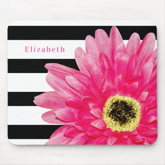 Trendy Pink Daisy Schwarz und Weiß Streifen und Na Mousepad (Vorne)