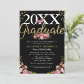 Trendy Pink Floral Gold Glitzer Graduation Party Einladung (Stehend Vorderseite)