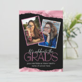 Trendy Pink Girly Joint Graduation Party Foto Einladung (Stehend Vorderseite)