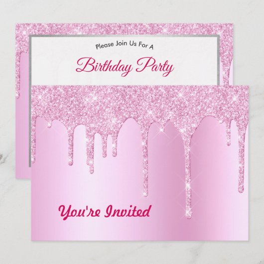 Trendy Pink Glitzer Tropfen Graphic Birthday Einladung (Vorne/Hinten)