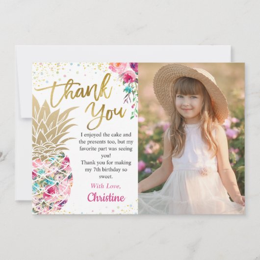 Trendy Pink Gold Ananas Tropisches Foto Dankeskarte (Vorderseite)