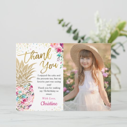 Trendy Pink Gold Ananas Tropisches Foto Dankeskarte (Stehend Vorderseite)