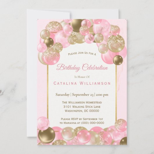 Trendy Pink Gold Balloons Geburtstag Einladung (Vorderseite)