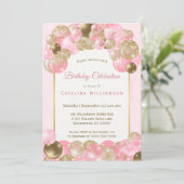 Trendy Pink Gold Balloons Geburtstag Einladung (Stehend Vorderseite)