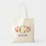 Trendy Pink Gold Floral Monogram Name Initial Tragetasche<br><div class="desc">Eine wunderschöne,  mit Monogramm,  rosafarbene Totentasche mit rosa Blume und einem Imitat goldenen monogramm Buchstaben "G". Personalisieren Sie den Totbeutel,  indem Sie Ihren Namen unter das Monogramm tragen. Macht ein lustiges Geschenk für einen Freund oder für eine Brautjungfrau. Entworfen für Sie von BlackBerry Boulevard.</div>