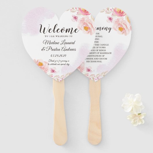 Trendy Pink & Gold Floral Wedding Programm Hand Fa Fächer (Vorne und Hinten)