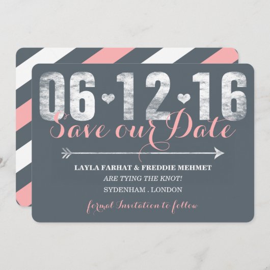 Trendy Pink & Gray Save the Date (Vorne/Hinten)