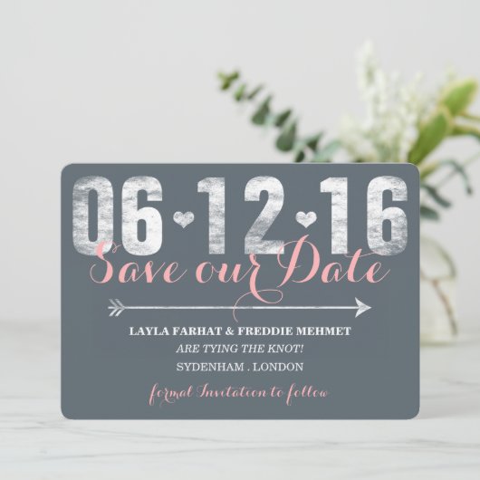 Trendy Pink & Gray Save the Date (Stehend Vorderseite)