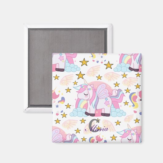 Trendy Pink Lila Gold Unicorn Name Monogram Magnet (Vorderseite/Rückseite)