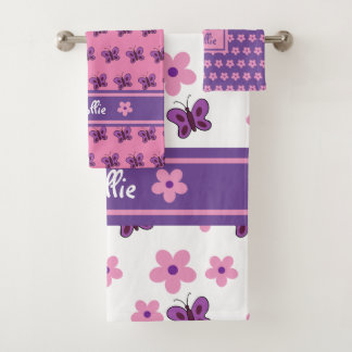 Trendy Pink Lila Weiße Blume Schmetterlinge Kid's Badhandtuch Set